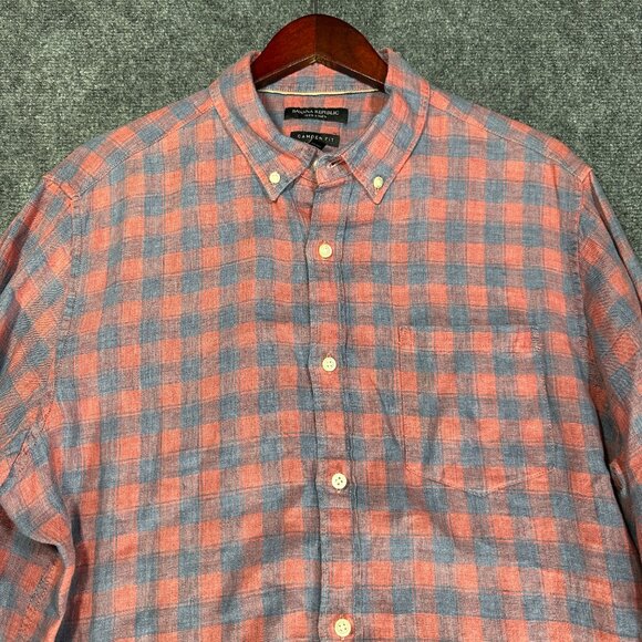 Banana Republic Shirt Mens Large Camden Fit Red Blue Linen Check Button Down - Picture 3 of 8